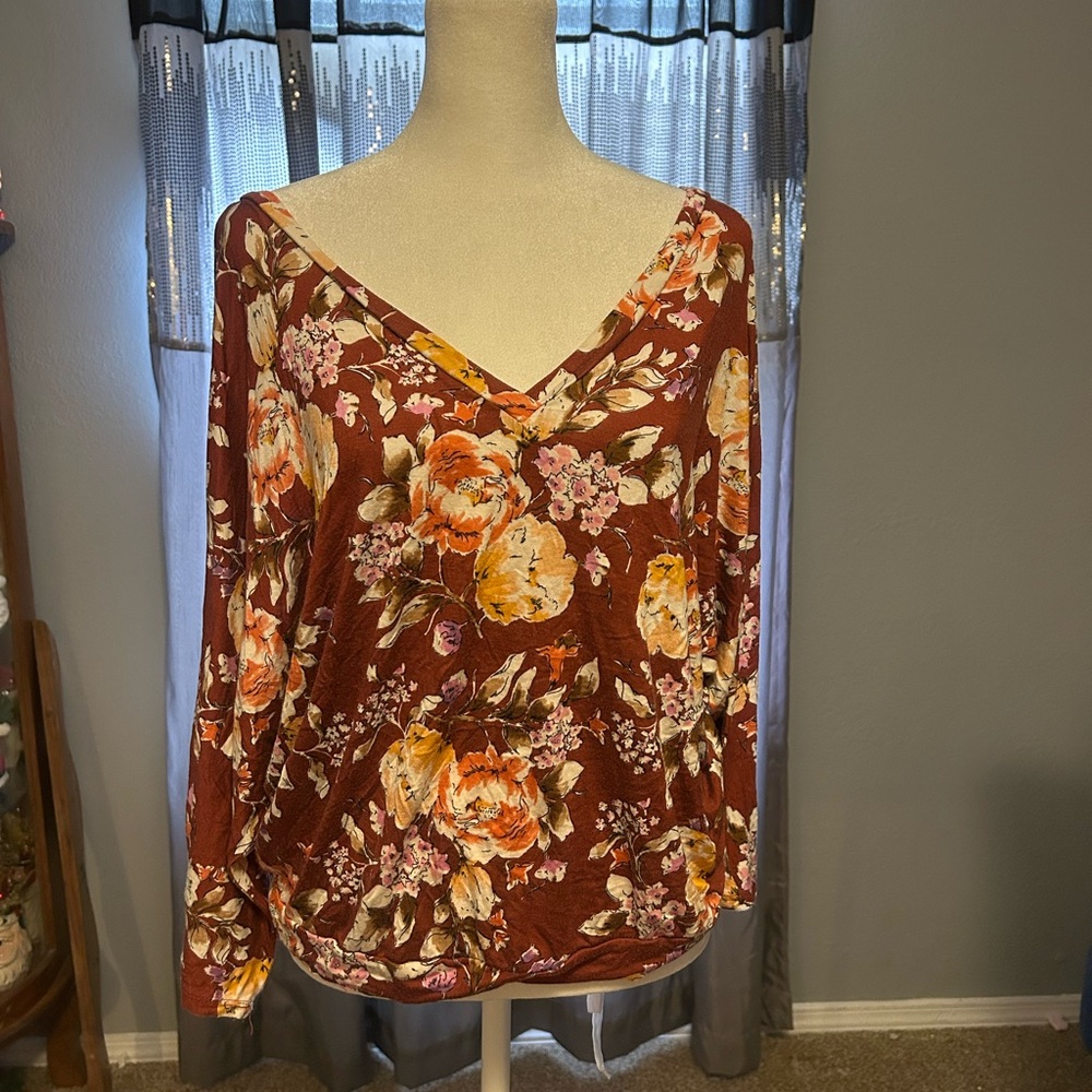 Daytrip Floral V-Neck Long Sleeve Top - Burgundy and Yellow